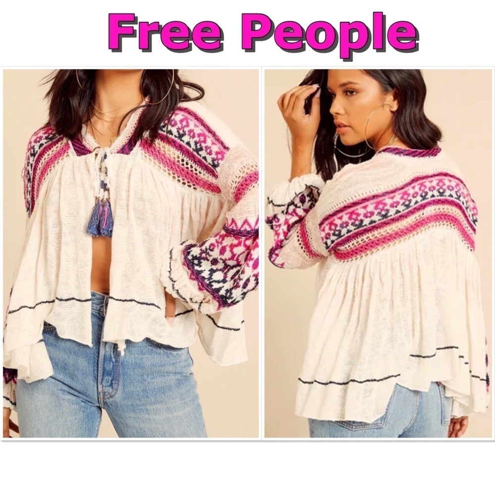 Free People Dreamland multicolor white and pink tassel tie front cardigan